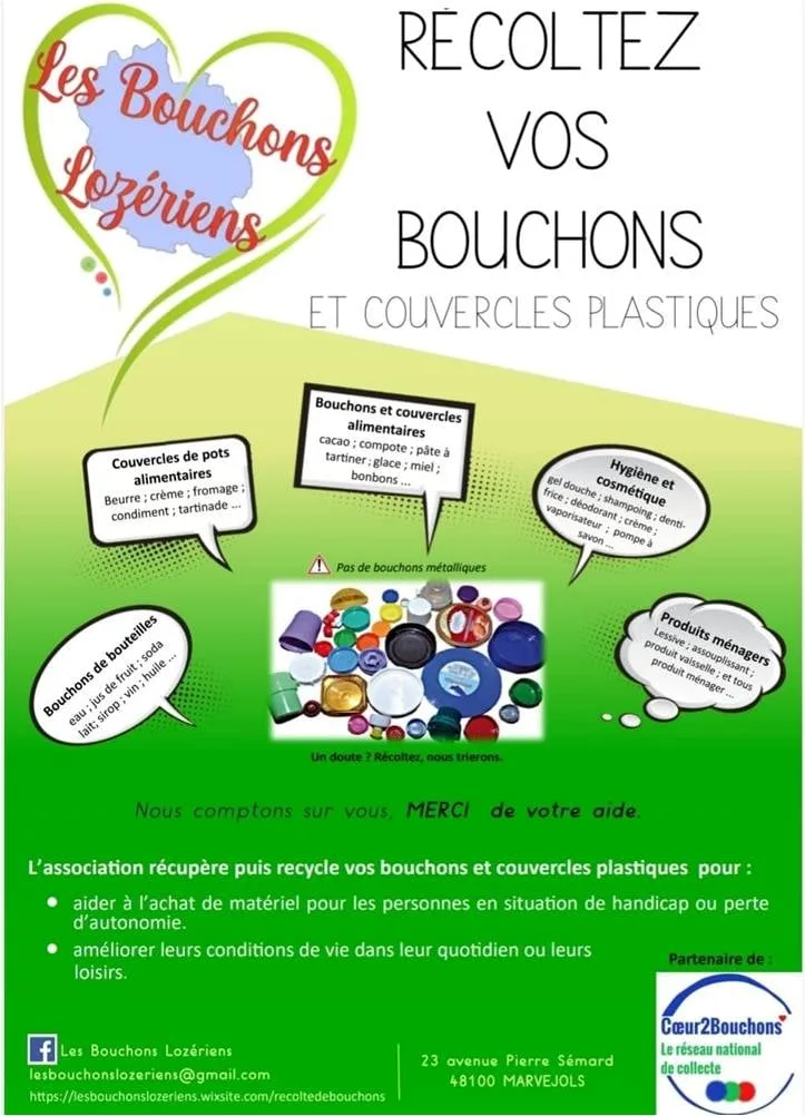 Collecte de bouchons et couvercles en plastique avec Les Bouchons Lozériens partenaire du réseau de collecte Coeur2Bouchons